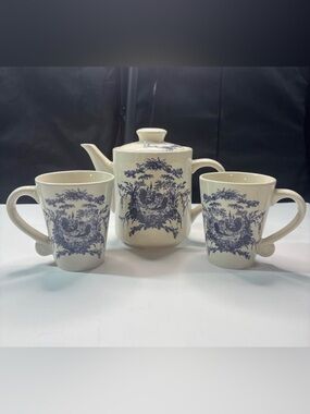 Teapot & 2 Mugs California Pantry Classic Ceramics Blue Rooster Chicken